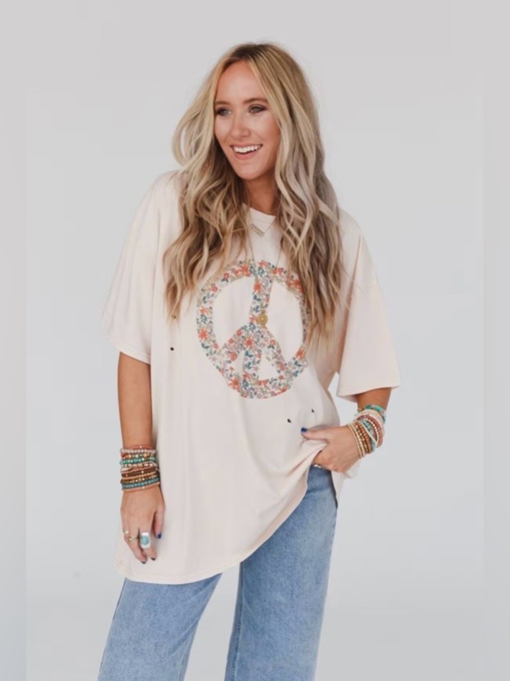 3BN Jude Oversized Peace
Sign Graphic Tee, Oatmeal, Size Small - Picture 2 of 10